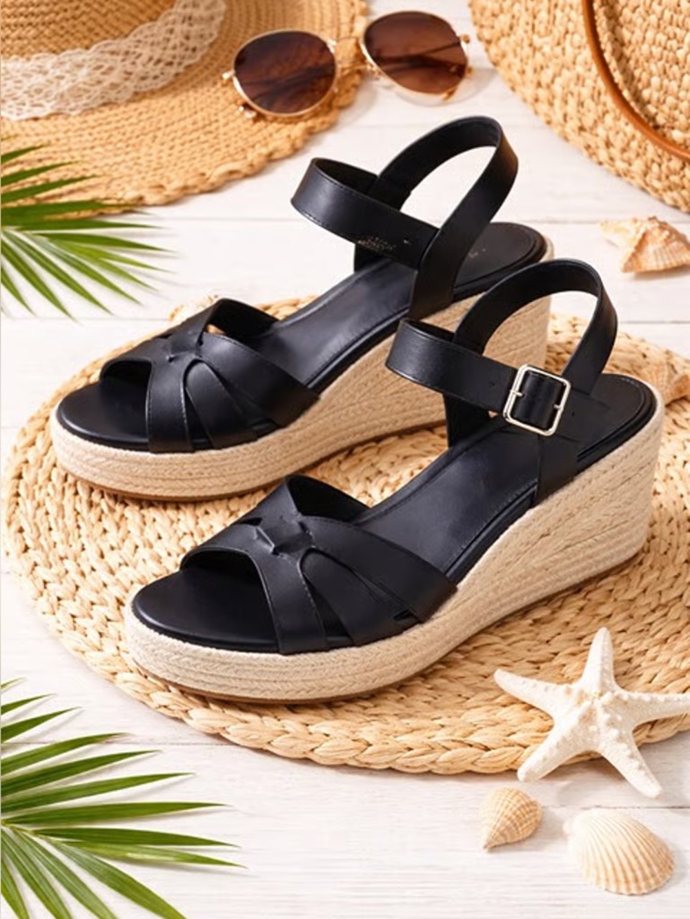 Time and Tru Black Espadrille Wedge Sandals with Ankle Strap